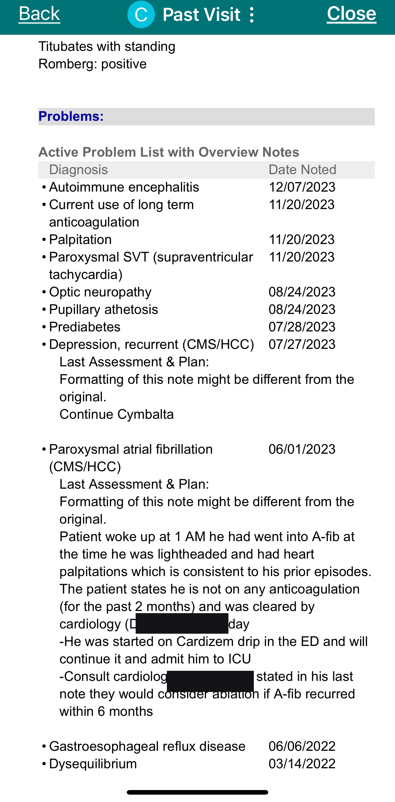 Active medical problem list including autoimmune encephalitis and optic neuropathy